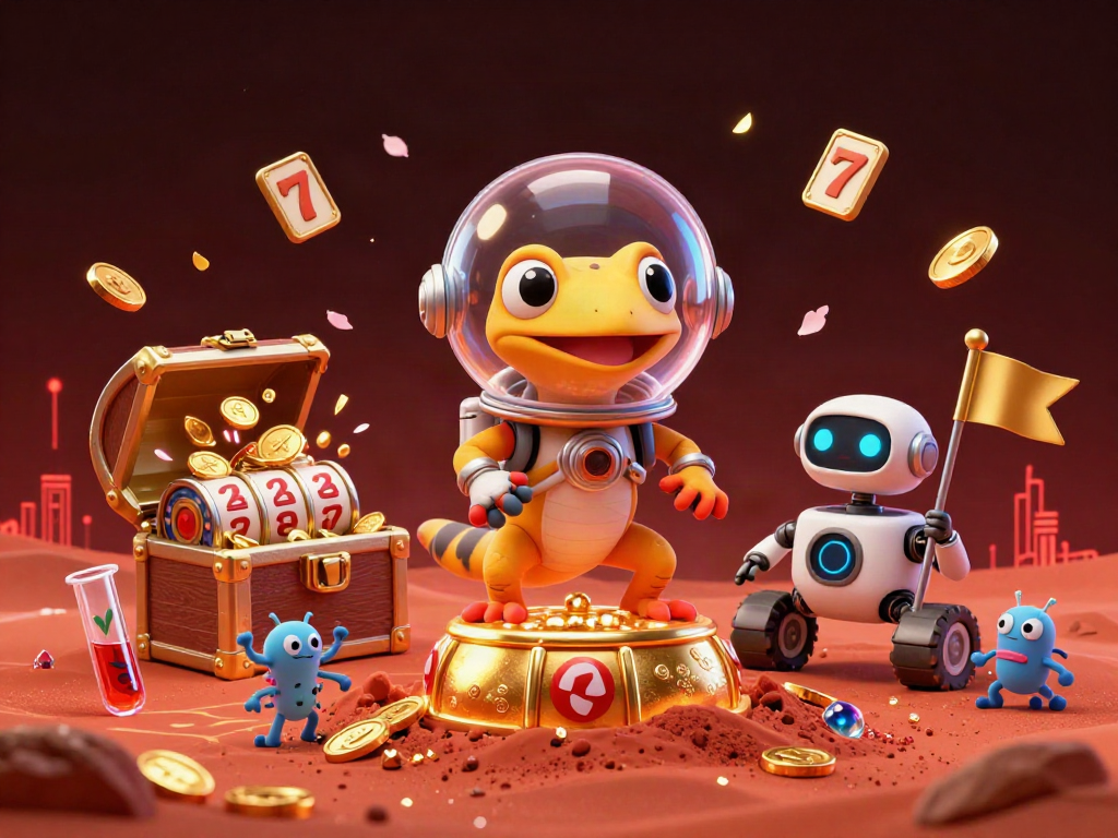 Engage with 88VBET's vibrant casino scene featuring a Martian gecko amidst floating slot reels and rich treasures.