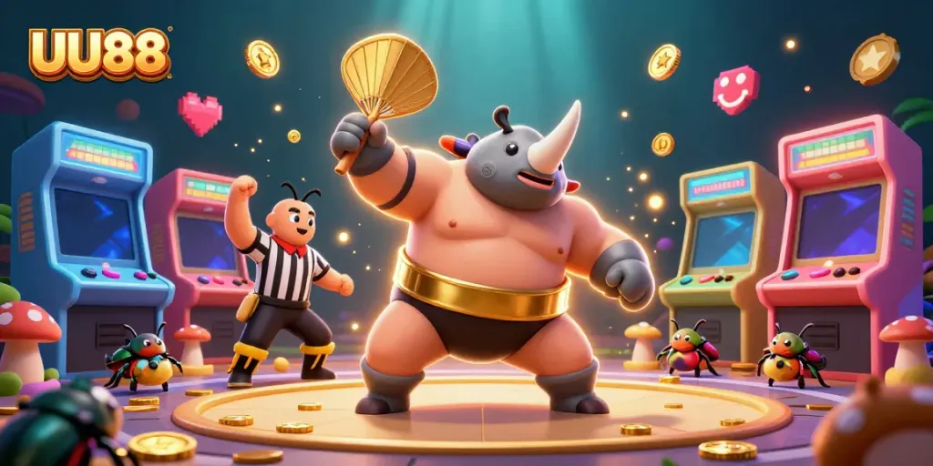 UU88 online casino scene with a sumo beetle champion, golden coins, and vibrant gaming elements.