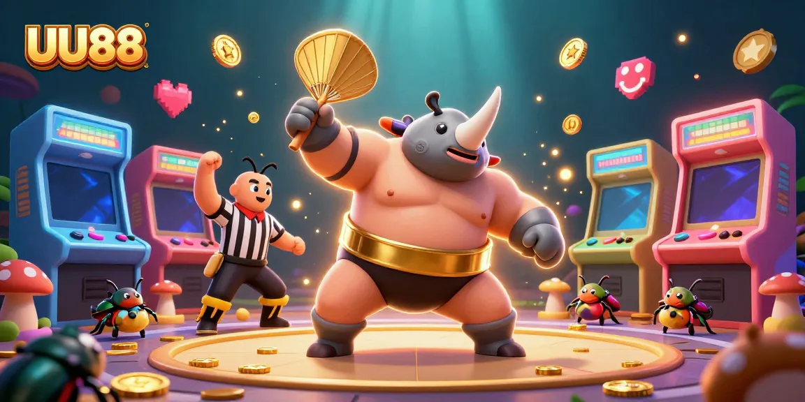 UU88 online casino scene with a sumo beetle champion, golden coins, and vibrant gaming elements.