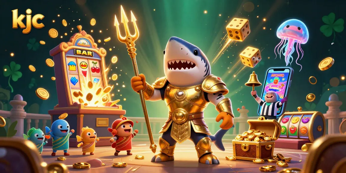 KJC gaming scene featuring a shark in gladiator armor and slot elements in a vibrant underwater arena.