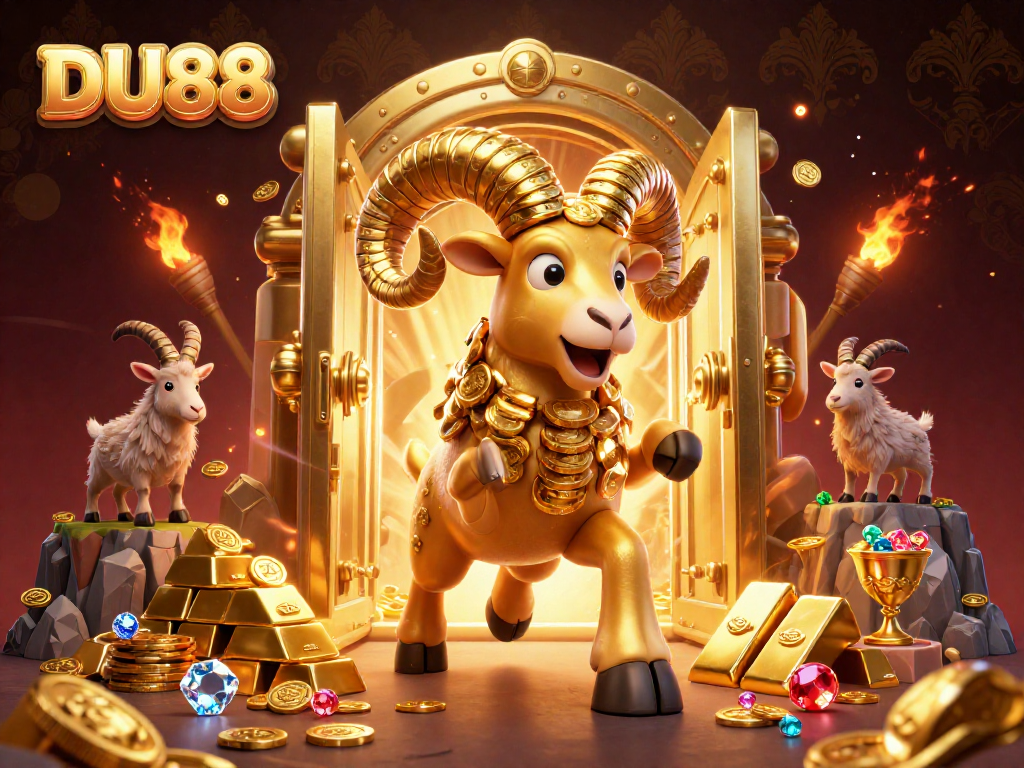 Experience DU88's vibrant casino world featuring a golden ram charging through treasure and fortune.