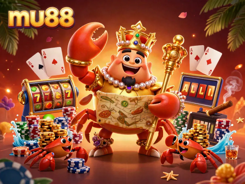 Engage with the mu88 3D golden crab emperor amidst slot reels, chips, and vibrant casino elements.