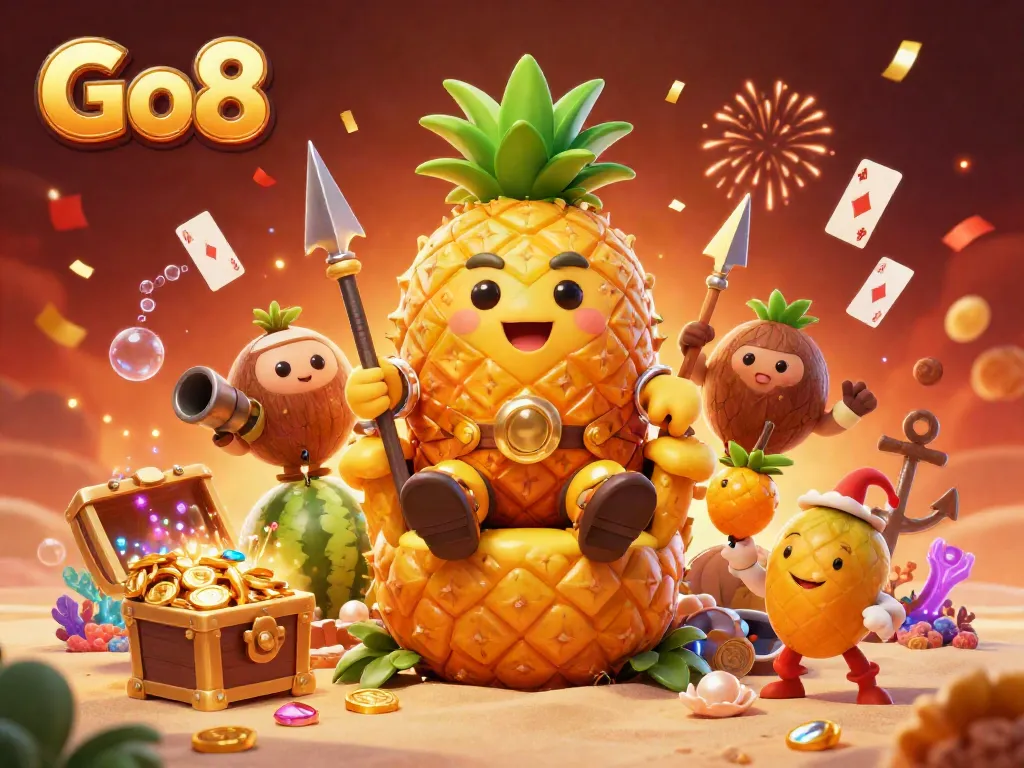 Experience the excitement of Go8 with vibrant 3D characters and a lively casino beach setting.
