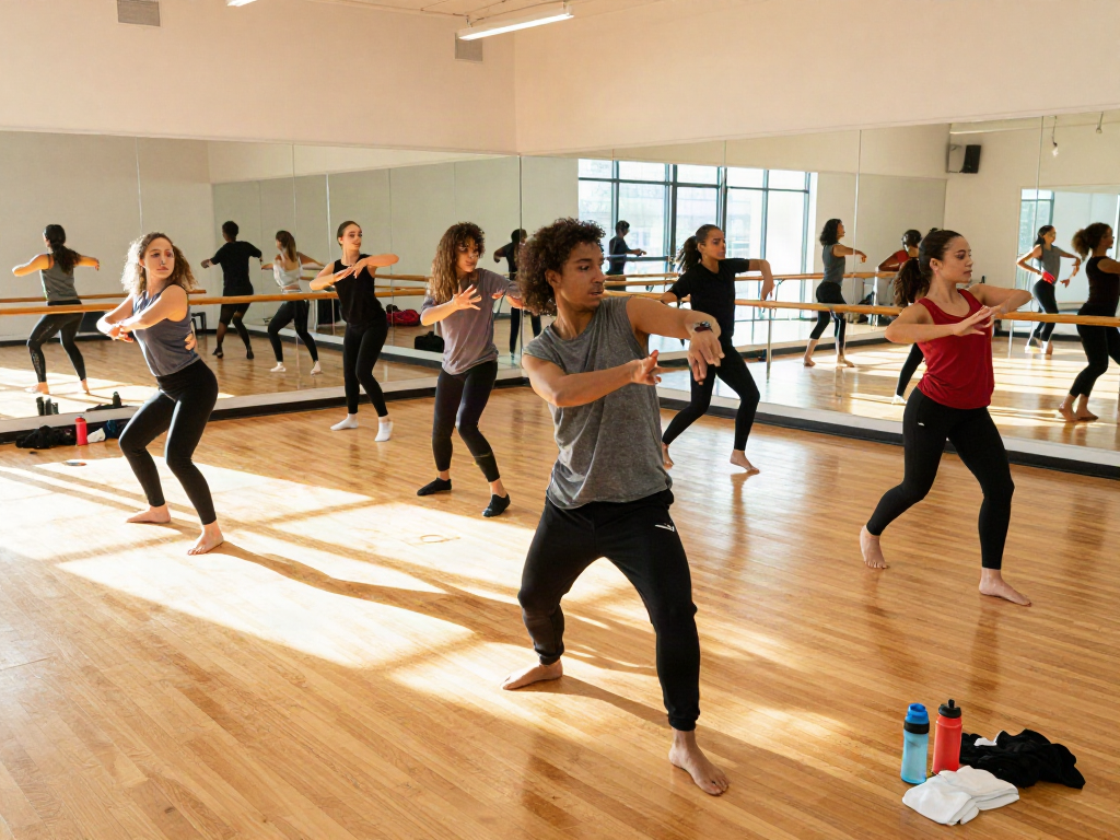 Dancers rehearsing in a bright studio, showcasing the energy and movement of kineticsynergydancecompany.com
