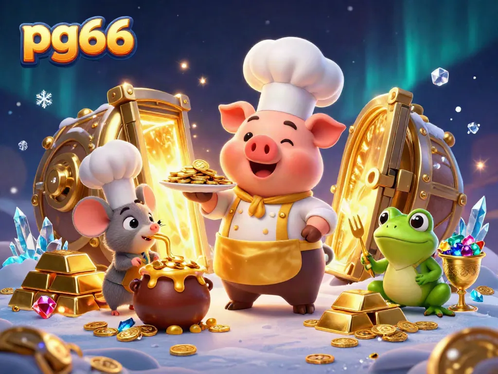 Engage in thrilling winnings at pg66 with a chef pig, mouse, and frog celebrating casino-style.
