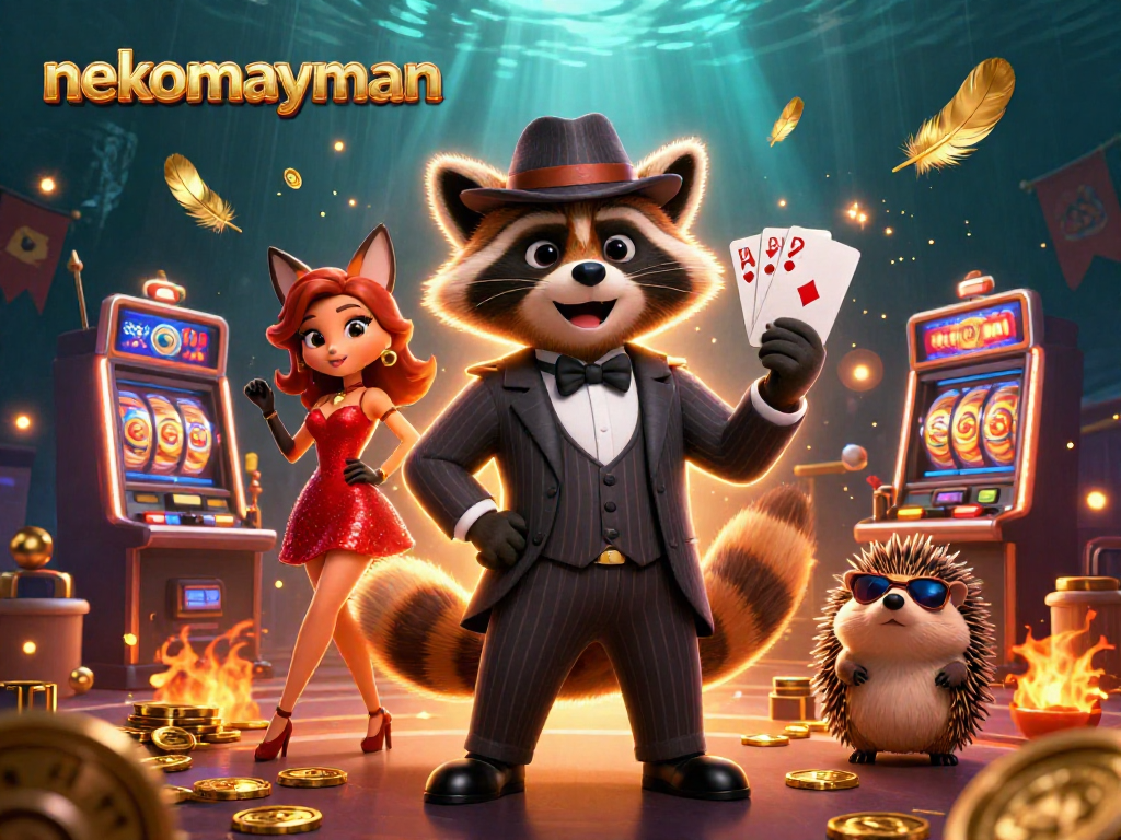 Experience nekomayman with a suave raccoon and fox lady in a vibrant casino scene.