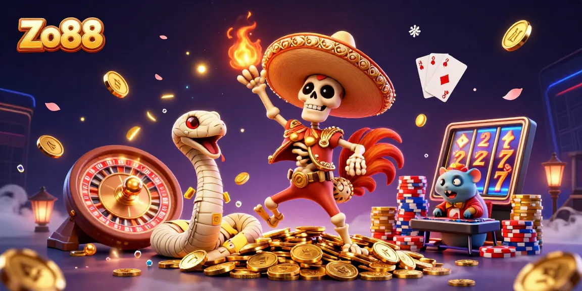 Zo88 showcases a vibrant victory dance scene in a casino setting with golden coins and characters celebrating.