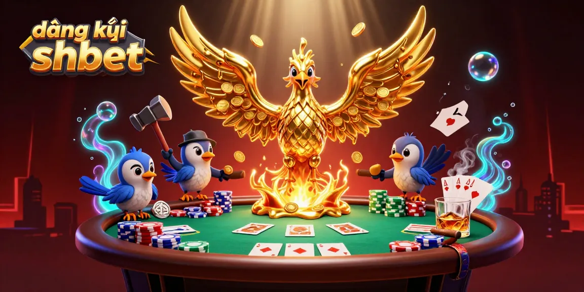 Experience đăng ký shbet as a golden phoenix rises amidst chips and cards, showcasing casino excitement.