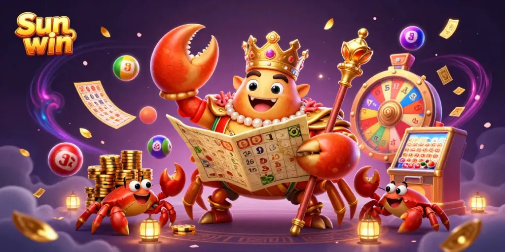 Experience thrilling gameplay with Sun win, featuring a golden crab emperor and vibrant casino elements.