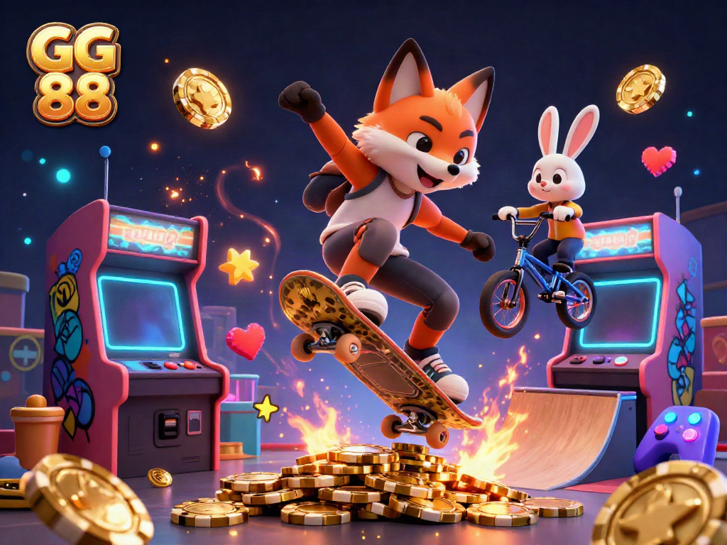 Engage with GG 88 in a vibrant casino-themed 3D scene featuring a fox and rabbit doing tricks over poker chips.