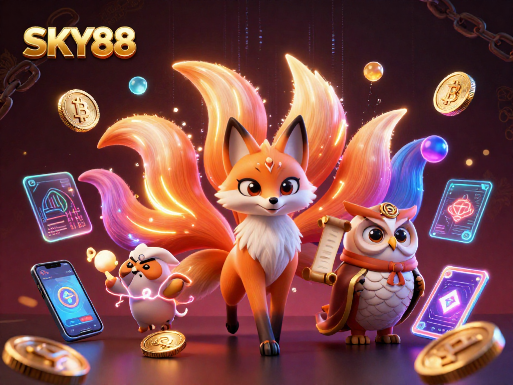 Experience thrilling gameplay at SKY88 with vibrant 3D characters and cryptocurrency elements.