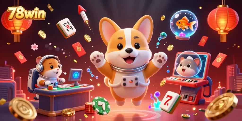 Engage in the vibrant world of 78win at a space station casino with floating chips and joyful characters.