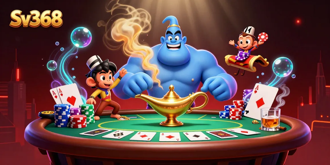 Engage in thrilling casino action with Sv368, featuring a vibrant 3D genie and cartoon characters amidst poker chips.