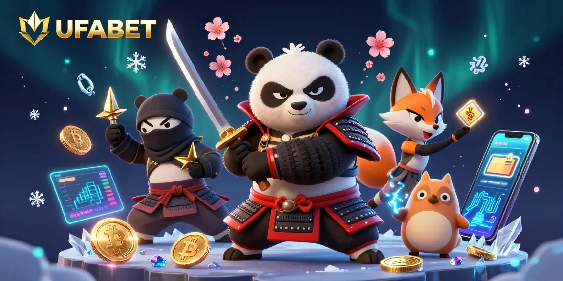 UFABET warriors engage in thrilling online betting with samurai panda and ninja fox amid glowing crypto elements.