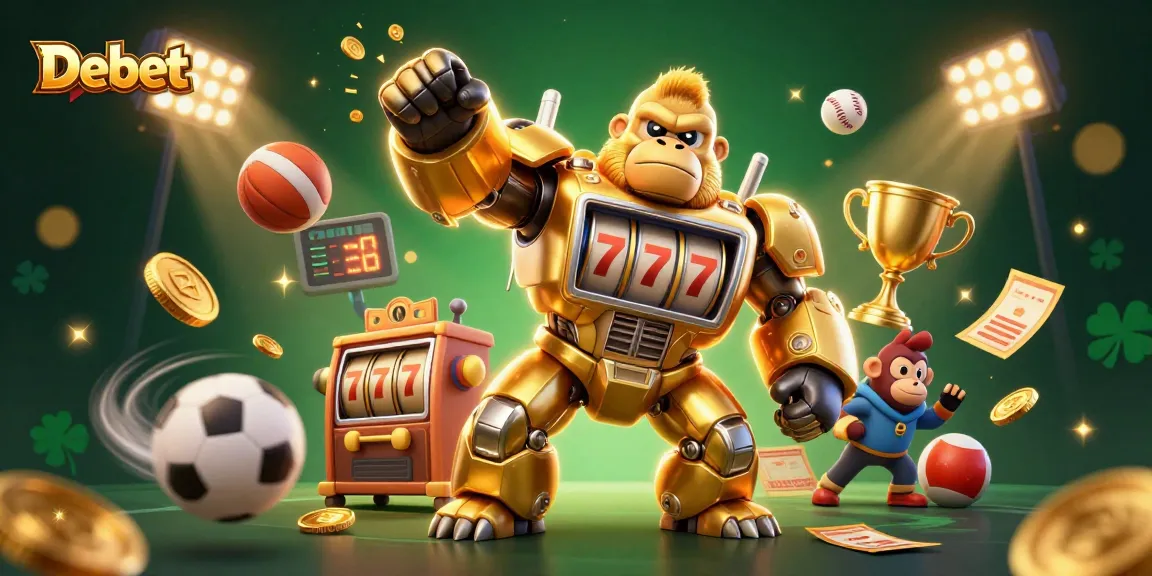 Experience thrilling betting adventures with Debet in this captivating 3D illustration of a golden mech and sports elements.