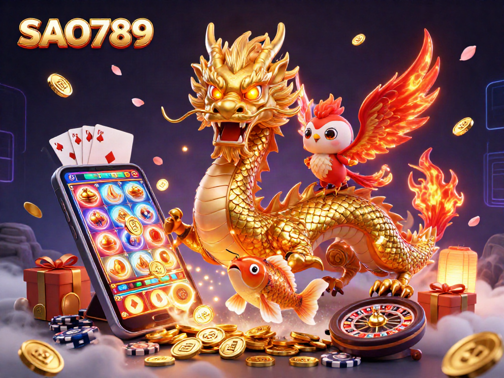 Engage with SAO789 high-stakes entertainment showcasing a majestic dragon, phoenix, and golden koi in a dynamic casino-themed scene.