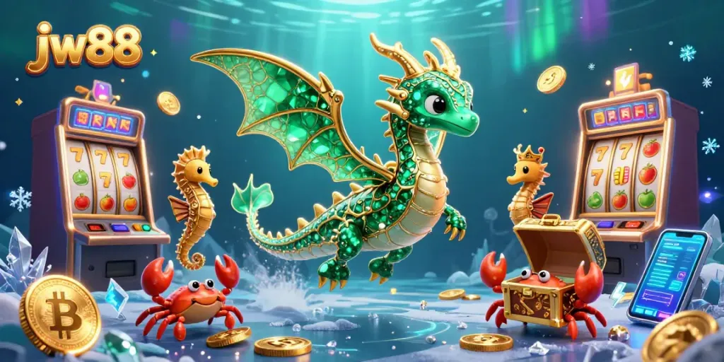 Engage with the engaging world of jw88 casino, featuring slot machines and a sea dragon in a vibrant underwater scene.