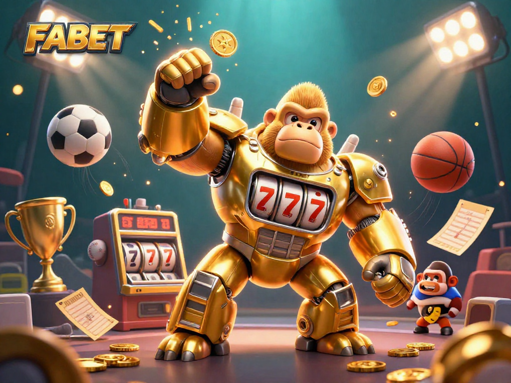 Engage with FABET's dynamic sports betting experience featuring a golden gorilla mech and flying sports elements.