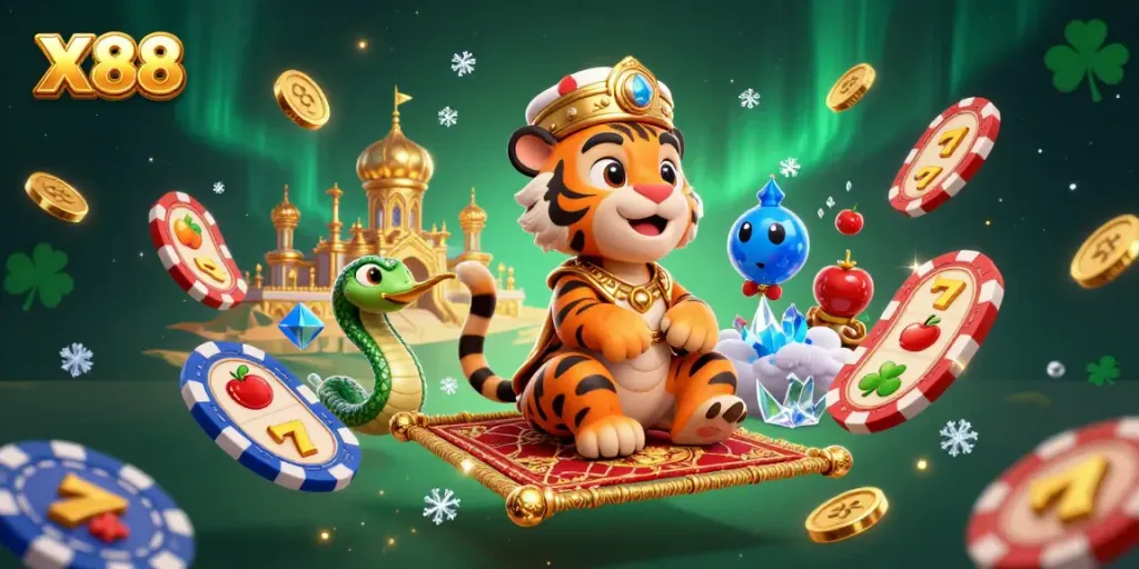 X88 casino illustration featuring a tiger sultan on a poker chip carpet with slot reels and gold coins