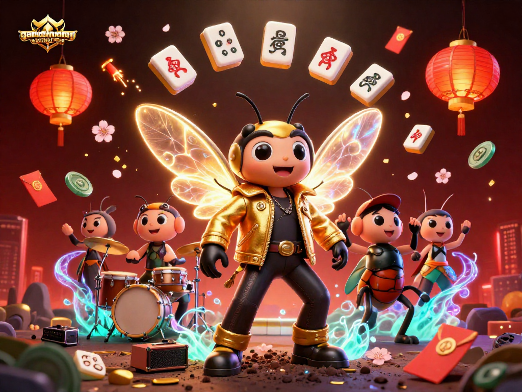 Experience excitement at gamethuongnohu with a vibrant 3D illustration of a rock star cicada and casino elements.