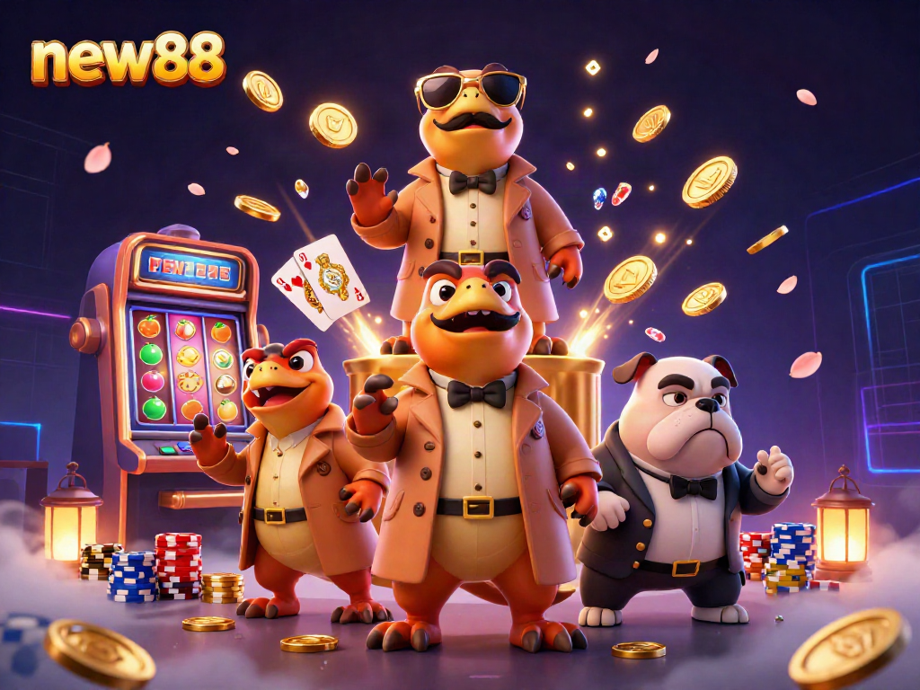 Experience the thrill of new88 slots with raptors in a trench coat entering a VIP casino lounge.