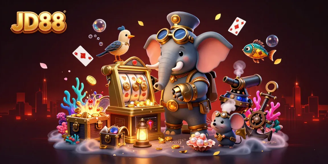 Experience the excitement of JD88 with a steampunk elephant operating a golden slot machine in a vibrant casino scene.