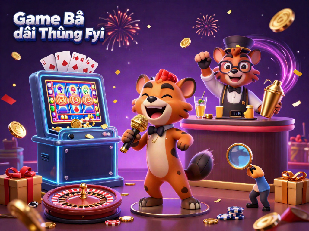 Experience Game Bài Đổi Thưởng Fyi with vibrant casino hyenas enjoying games, drinks, and humor.