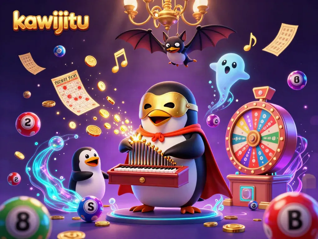 Experience the excitement of kawijitu with vibrant lottery elements and a magical penguin organ player.