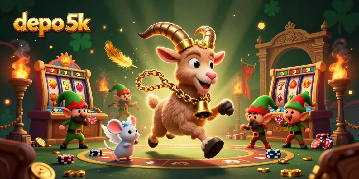 Play slots and spin to win at depo 5k in a vibrant 3D casino filled with festive elements.