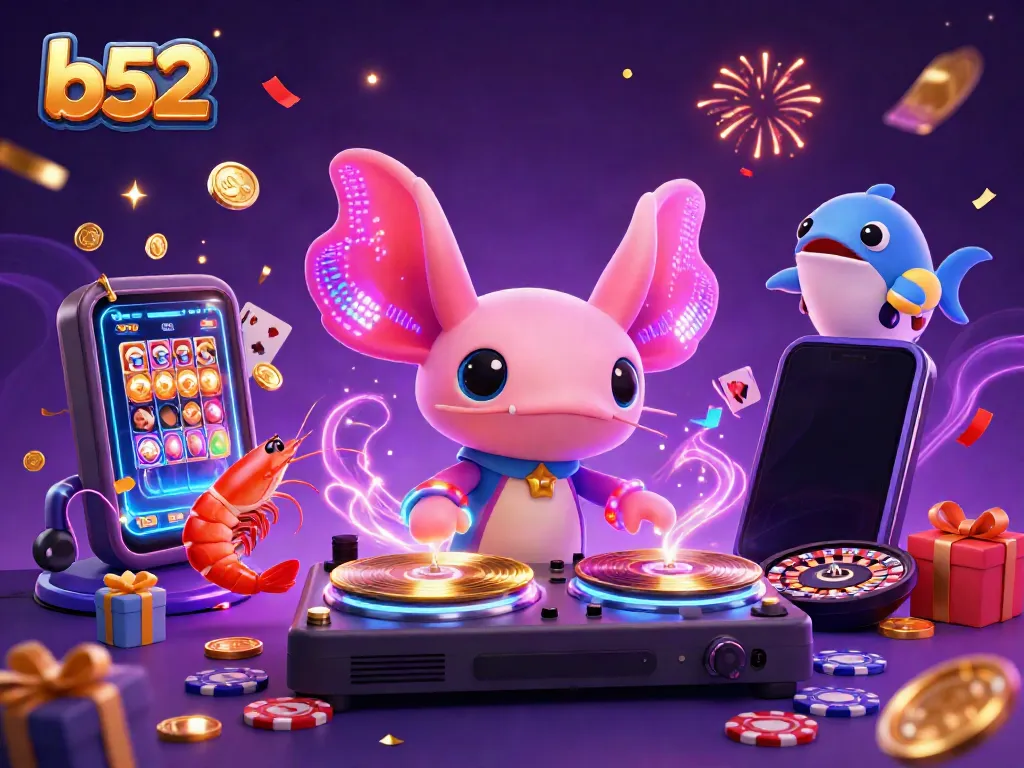 Engage with the vibrant b52 casino scene featuring a DJ axolotl and animated sea creatures celebrating gaming.