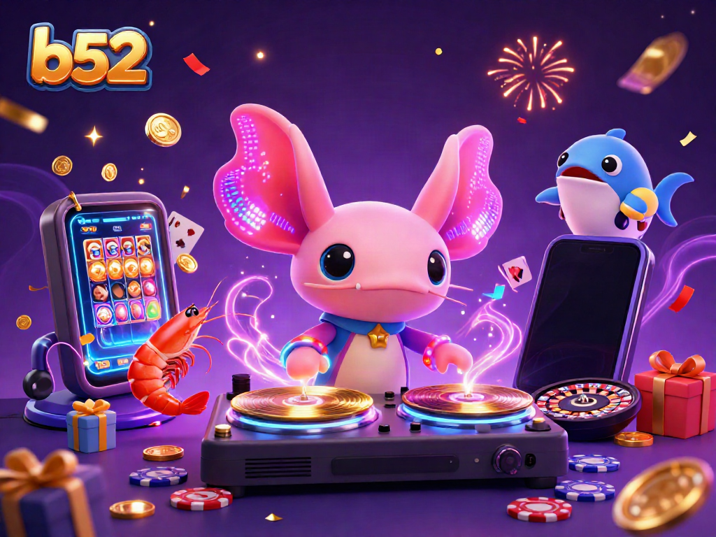 Engage with the vibrant b52 casino scene featuring a DJ axolotl and animated sea creatures celebrating gaming.