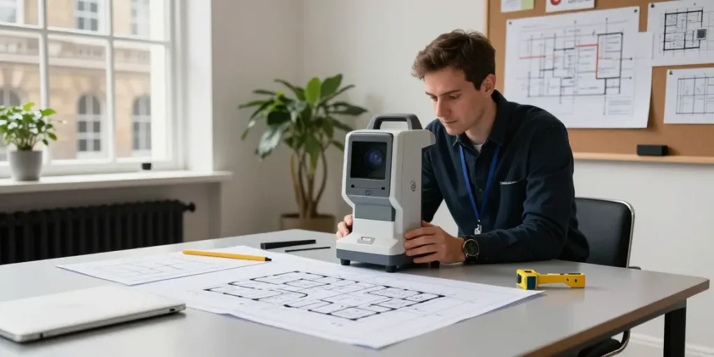 Measured Building Survey Surrey: Surveyor utilizing advanced technology for precise building measurements in London.