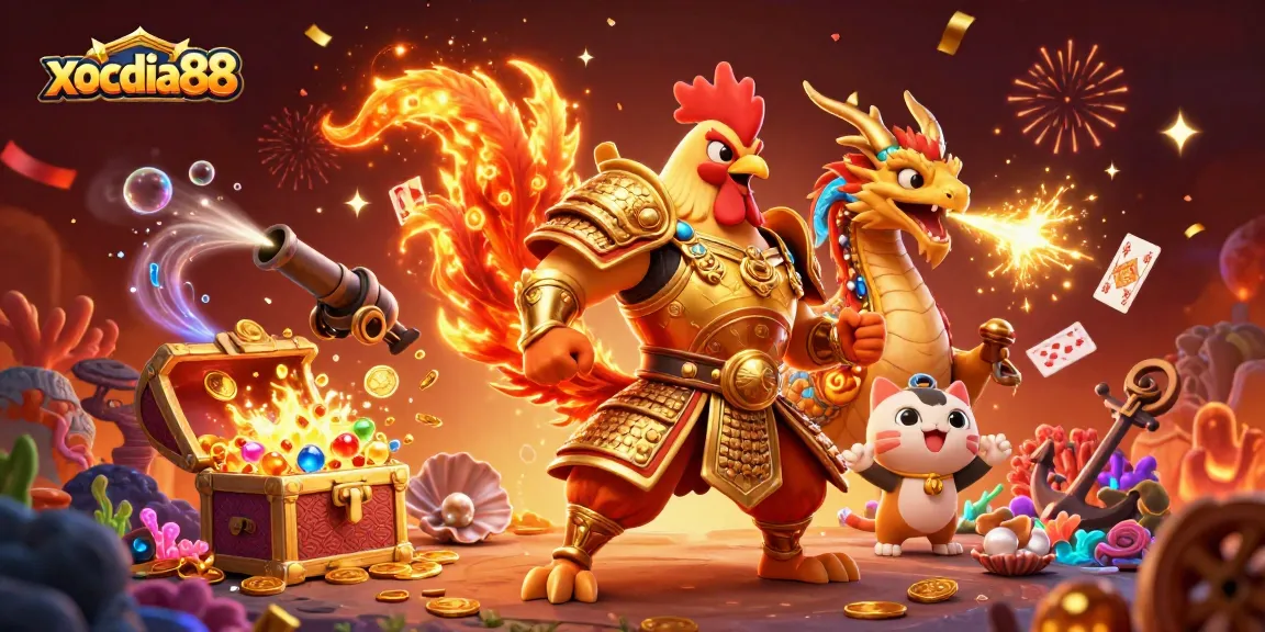 Xocdia88 brings excitement with a roaring rooster warrior and dragon amidst celebratory themes.