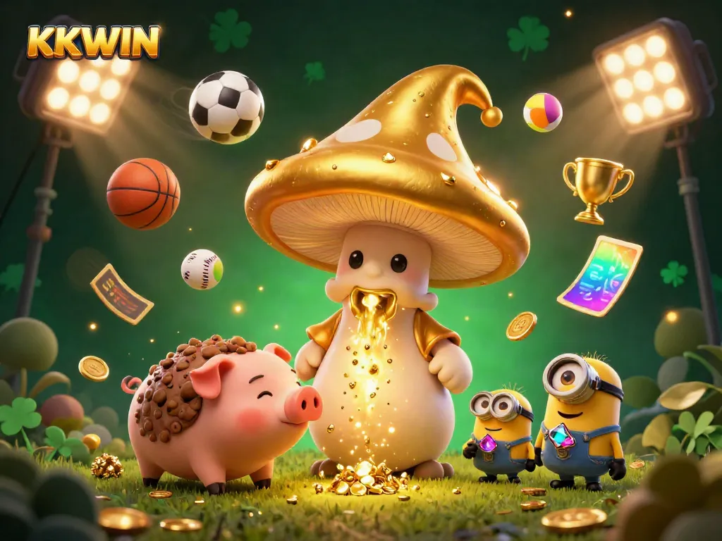 Experience thrilling entertainment at KKWIN with golden mushroom wizard and treasure-seeking pig in a dynamic casino scene.