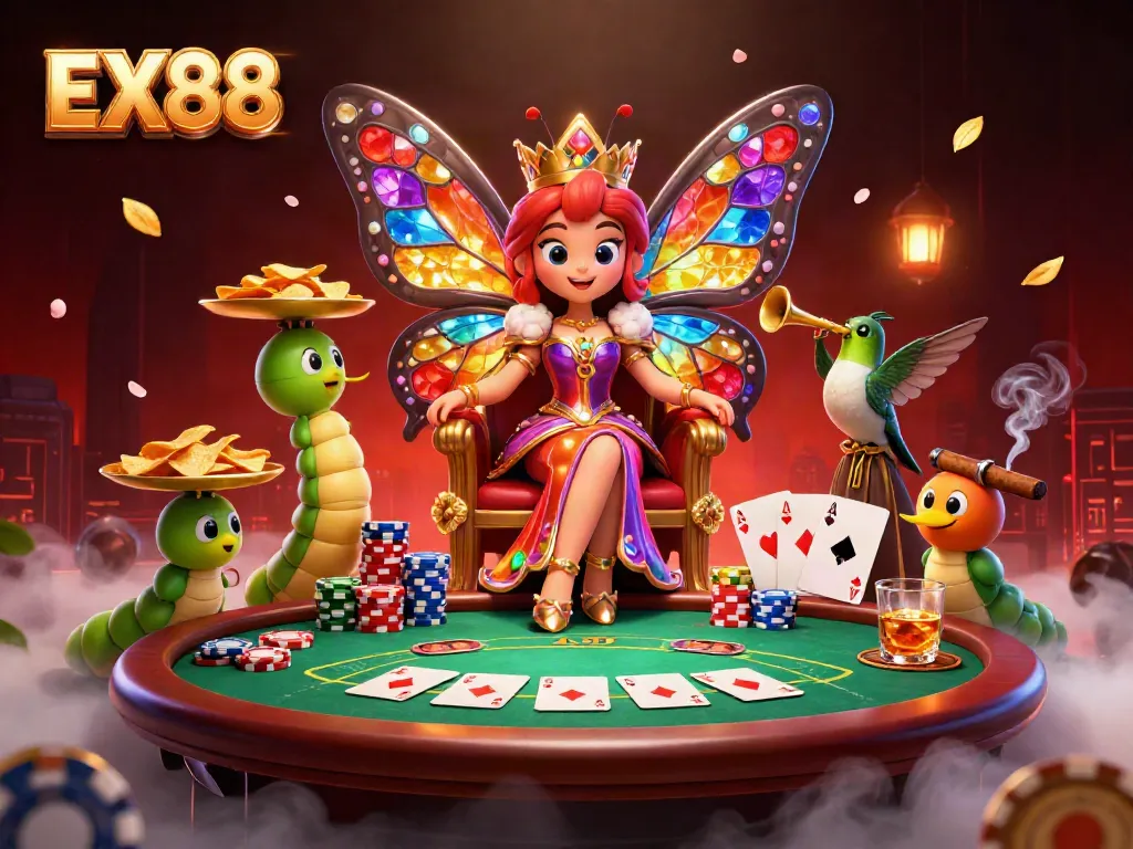 Experience the vibrant world of EX88 with a colorful butterfly queen surrounded by poker elements.