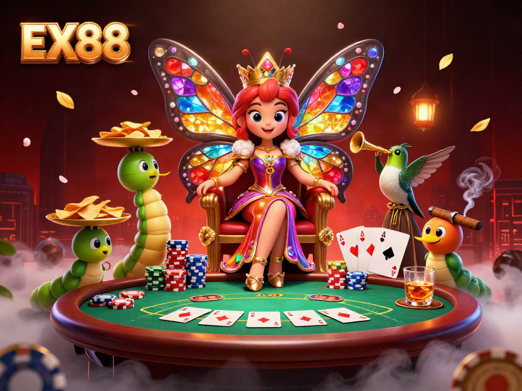 Experience the vibrant world of EX88 with a colorful butterfly queen surrounded by poker elements.