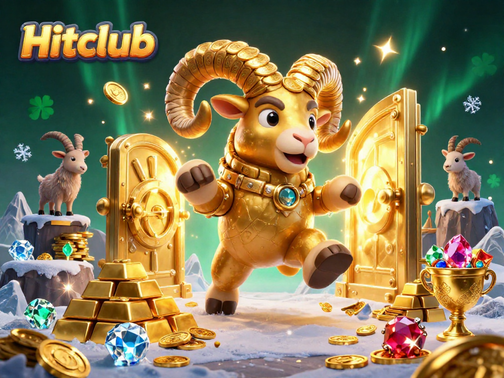 Hitclub brings excitement with a golden ram charging towards treasure in a vibrant casino scene.