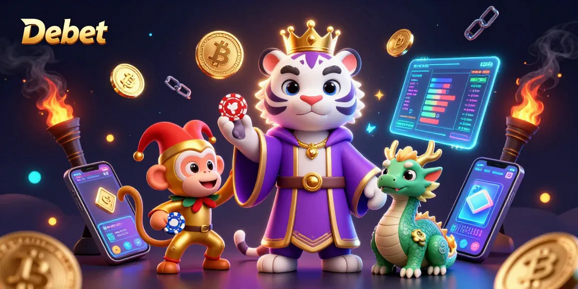 Playful scene of Debet themed casino illustration featuring a royal tiger, juggling monkey, and dragon.