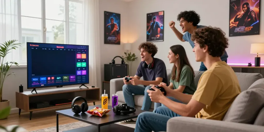 Engaged group enjoying a gaming session at home, featuring 9bet.com interface on screen.