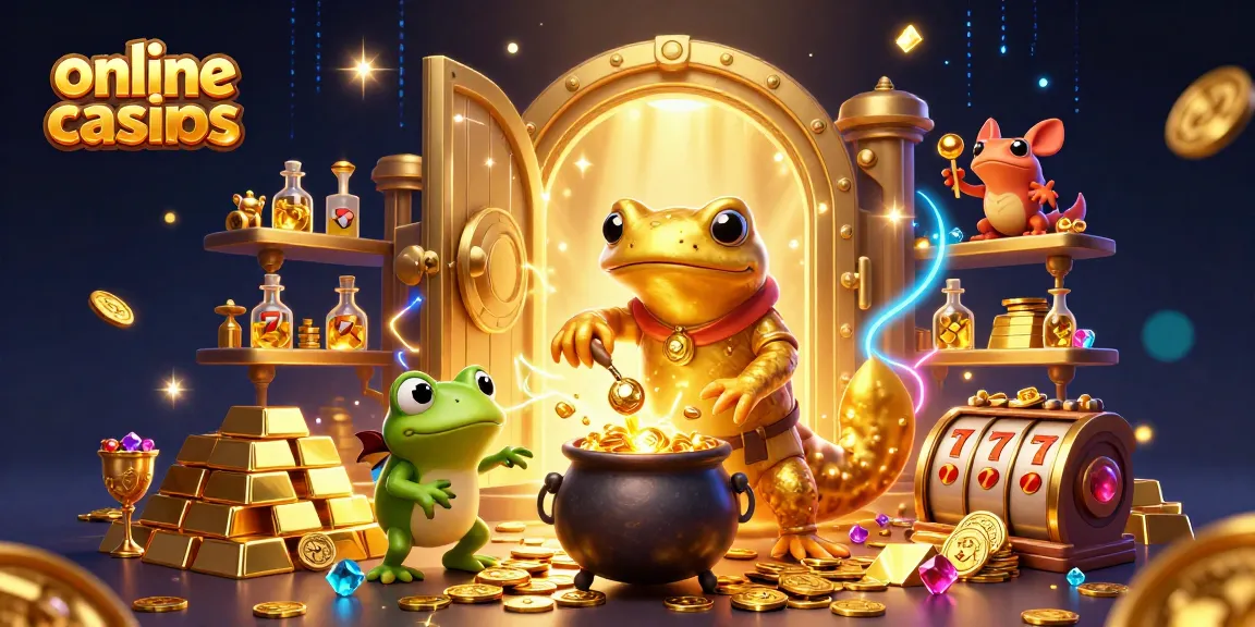 Explore online casinos with a mystical scene filled with treasures and gaming elements in vibrant 3D.