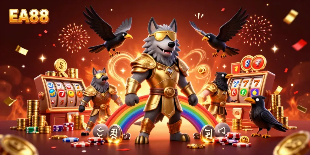EA88 slot gaming scene featuring a Norse wolf and glowing casino elements with vivid colors.