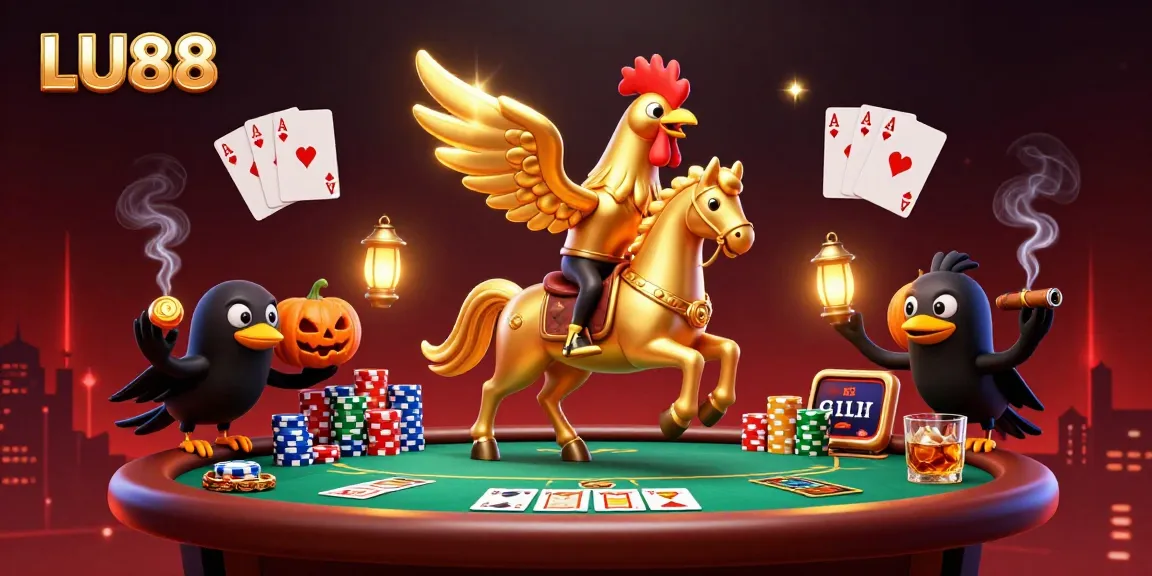 Experience high-stakes action at LU88 casino with golden rooster and ghostly horse in action.