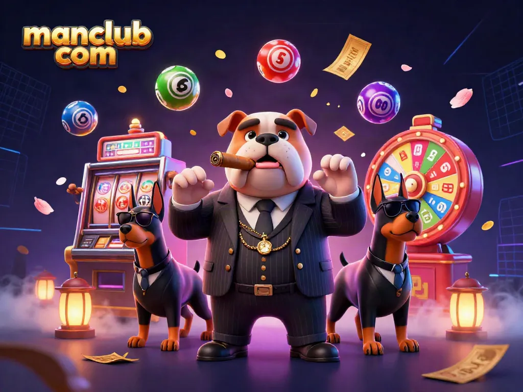Experience thrilling moments with manclub com in a vibrant gambling scene featuring a mafia bulldog and slot machines.