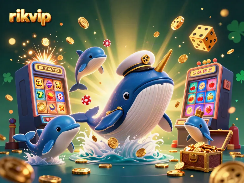 Experience thrilling gameplay at rikvip with a vibrant 3D underwater casino scene featuring colorful characters, celebratory coins, and casino symbols.