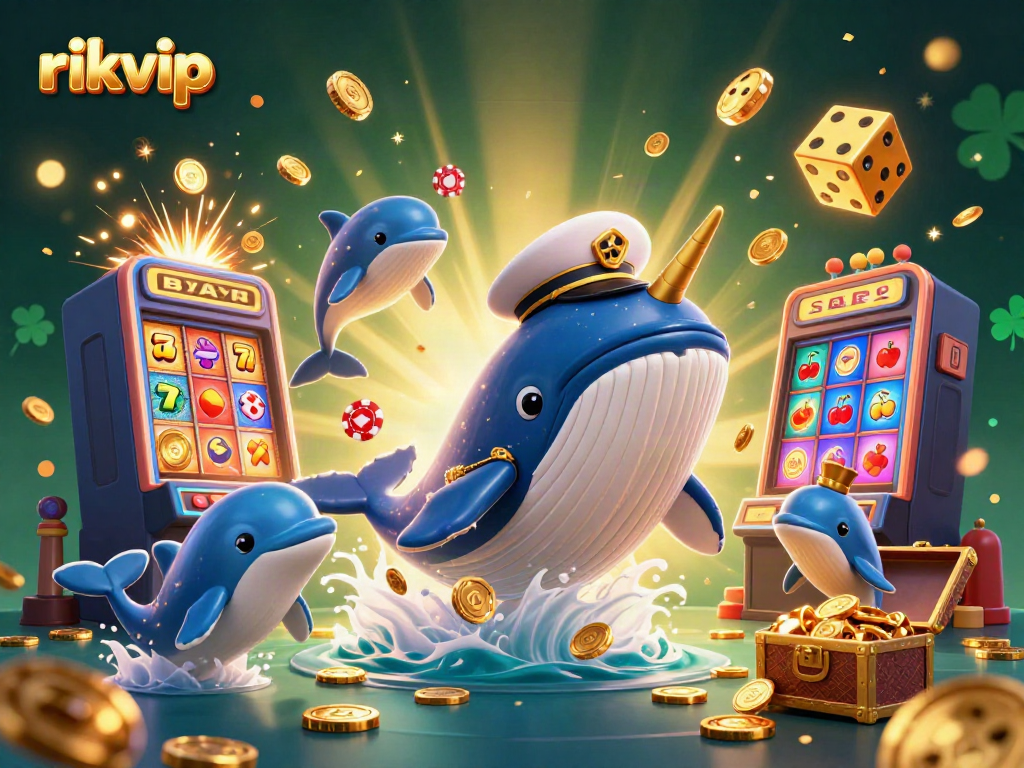 Experience thrilling gameplay at rikvip with a vibrant 3D underwater casino scene featuring colorful characters, celebratory coins, and casino symbols.