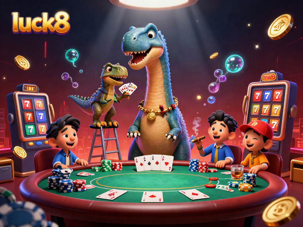Luck8 casino scene featuring an enormous brontosaurus and clever raptor dealing cards at a vibrant poker table.
