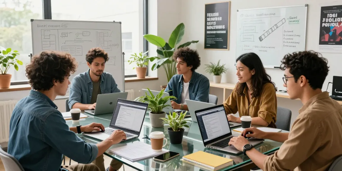 Team collaborating on AI writing tools in a modern tech workspace, fostering creativity and innovation.