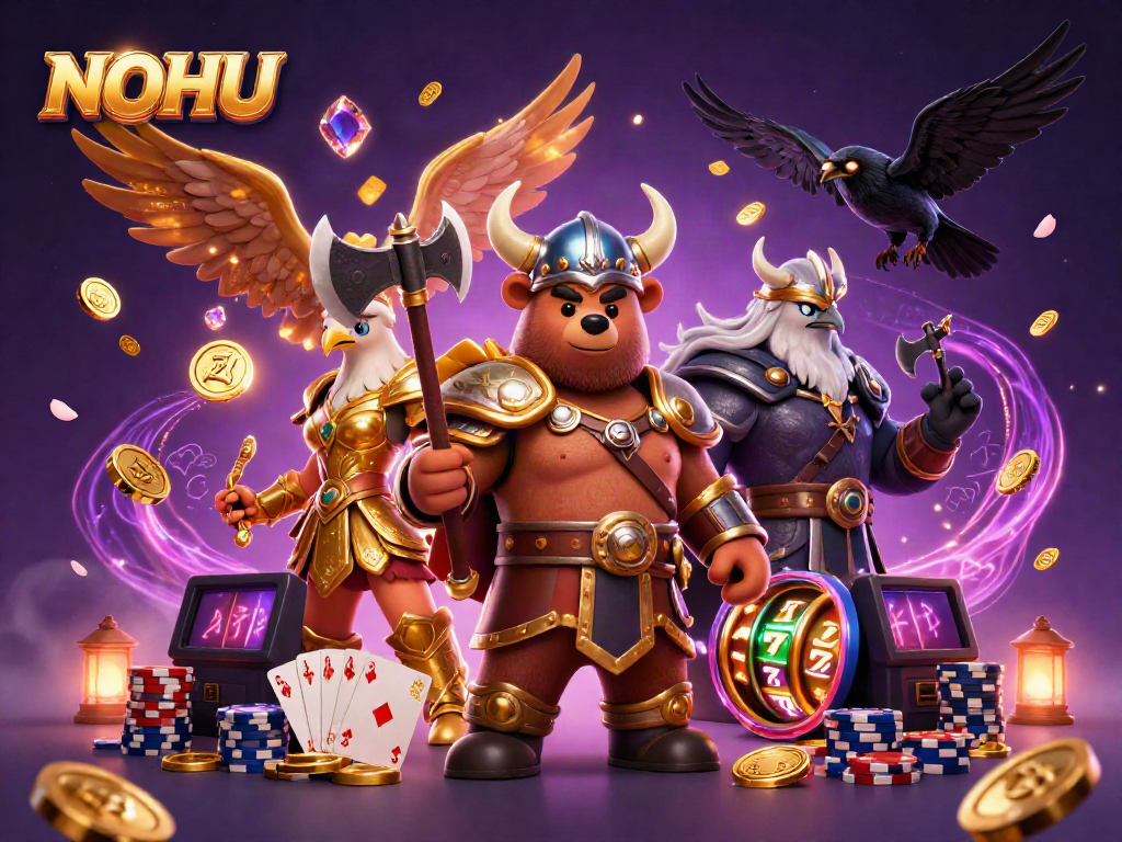 NOHU's Viking bear and Valkyrie eagle amidst a dynamic casino scene, showcasing excitement.