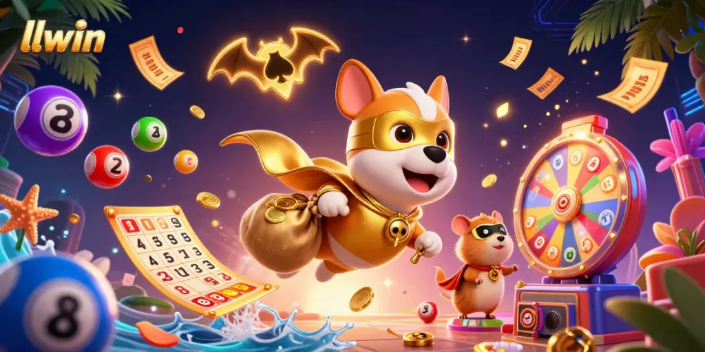 Experience thrilling gaming with llwin as a superhero dog flies with golden coins and a hamster sidekick.