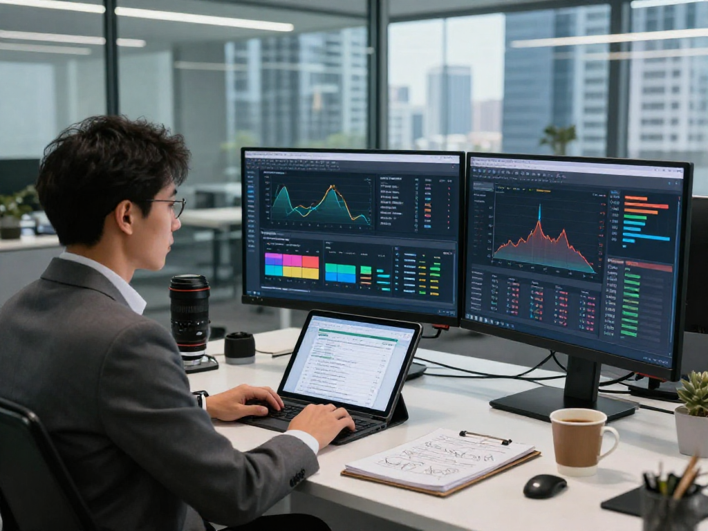 Advanced document fraud detection analysis in a modern office featuring high-tech monitors and risk assessment tools.